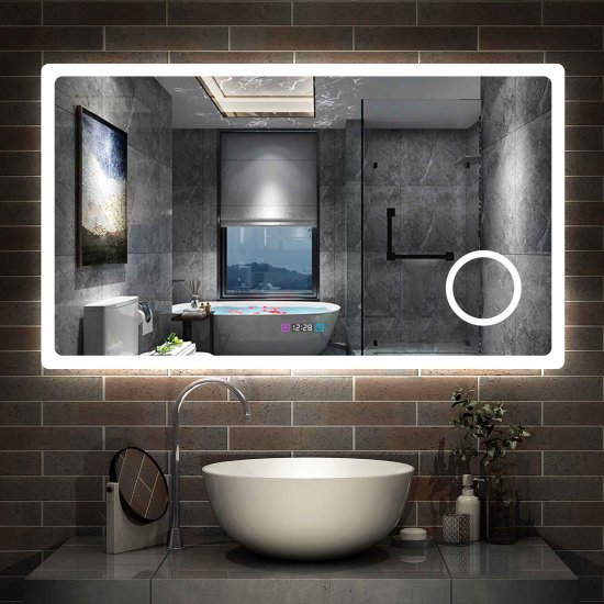 Miroir de salle de bain 100cmx60cm avec LED couleur et luminosité réglables + anti-buée + Miroir grossissant + Horloge numérique - Cliquez sur l'image pour la fermer
