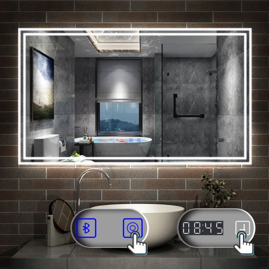 AICA Miroir de Salle de Bain LED avec Bluetooth 160 x 80cm, Miroir Salle de Bain avec Horloge + 3 Couleurs + Dimmable + Anti-buée, Miroir avec Interru - Cliquez sur l'image pour la fermer