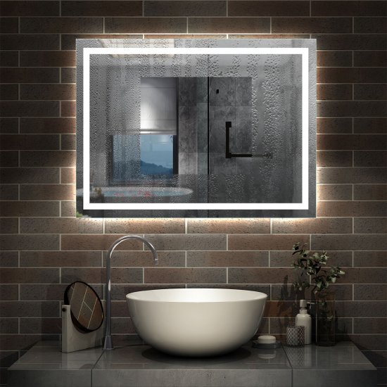 Aica 80x60cm Miroir de salle de bain anti-buée+ LED miroir+ Horizantal et vertical+Interrupteur mural - Cliquez sur l'image pour la fermer