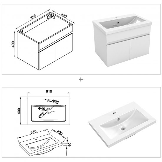 Meuble de salle de bain, Meuble de rangement avec lavabo, Meuble sous vasque suspendu, 59cm - Cliquez sur l'image pour la fermer