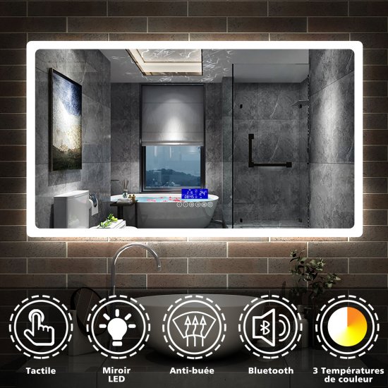 Aica Miroir salle de bain LED avec anti-buée, miroir de luminosité réglable (Horloge +Bluetooth+Date+Température ) 80*60cm