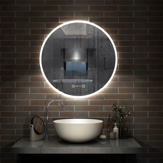 Products AICA Miroir de Salle de Bain rond LED 60cm avec Horloge + Anti-buée + 3 Couleurs + Dimmable, Mural Miroir Lumineux - Cliquez sur l'image pour la fermer
