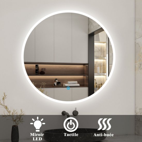 AICA Miroir de salle bain Rond avec anti-buée, Lumière Blanc du jour 6000K Ø 100cm - Cliquez sur l'image pour la fermer