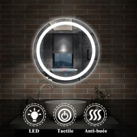 AICA Miroir de salle bain Rond avec anti-buée, Lumière Blanc du jour 6000K Ø 60cm Type C