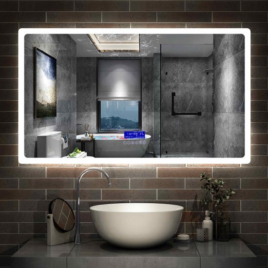 Aica Miroir salle de bain LED avec anti-buée, miroir de luminosité réglable (Horloge +Bluetooth+Date+Température ) 70*50cm - Cliquez sur l'image pour la fermer