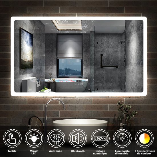 AICA Miroir de Salle de Bain à LED avec Bluetooth 160 x 80cm, Mural Miroir avec Anti-buée + 3 Couleurs + Horloge, Miroir avec Interrupteur Tactile - Cliquez sur l'image pour la fermer