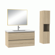 Ensemble Salle De Bain 100cm Chêne Wotan meuble + miroir + colonne + vasque-Aica