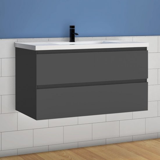 Meuble de salle de bain, Meuble de rangement avec lavabo, Meuble sous vasque suspendu, Anthracite 99cm - Cliquez sur l'image pour la fermer