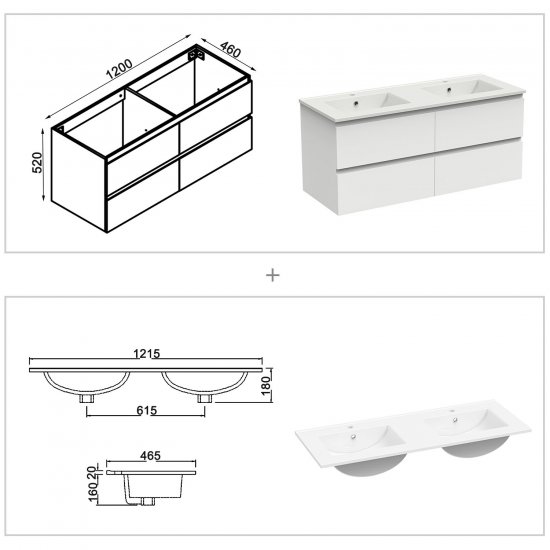 Meuble de salle de bain, Meuble de rangement avec 2 lavabos, Meuble sous vasque suspendu, Blanc 120cm - Cliquez sur l'image pour la fermer