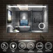 Aica miroir salle de bain LED avec anti-buée, miroir de luminosité réglable (Horloge +Miroir grossissant ×3 ) 140*80cm