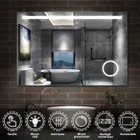 Aica miroir salle de bain LED avec anti-buée, miroir de luminosité réglable (Horloge +Miroir grossissant ×3 ) 100*70cm