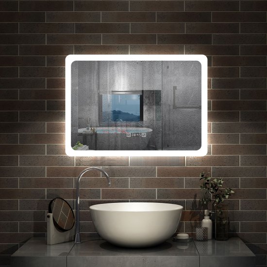 70cmx50cm miroir salle de bain horizontal avec couleur LED blanche + antibuée + Horloge numérique+ Fonction mémoire - Cliquez sur l'image pour la fermer