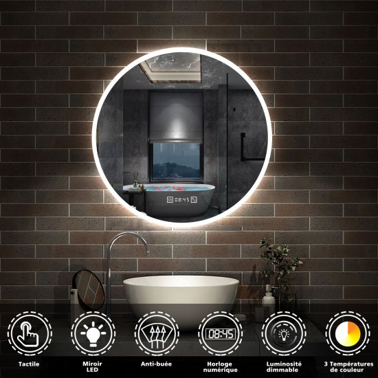 Products AICA Miroir de Salle de Bain rond LED 60cm avec Horloge + Anti-buée + 3 Couleurs + Dimmable, Mural Miroir Lumineux - Cliquez sur l'image pour la fermer