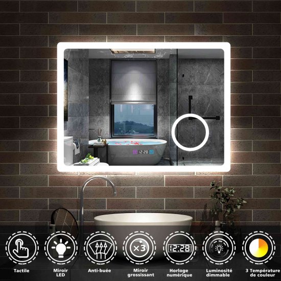 Miroir de salle de bain 100cmx60cm avec LED couleur et luminosité réglables  + anti-buée + Miroir grossissant + Horloge numérique [TZBY_J-HD1505TM] -  AICA - Grand choix au petit prix - Paroi de
