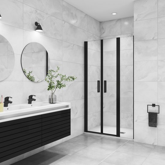 AICA porte de douche battante 110x200cm avec un élément fixe, profilé noir mat, Porte de douche Hauteur 200cm en 8mm verre anticalcaire