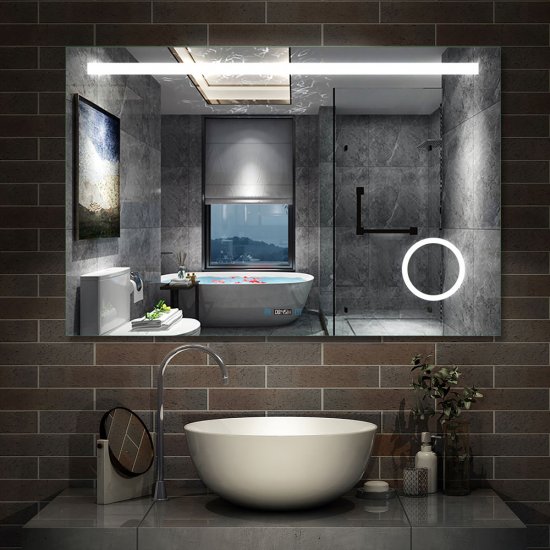 Aica miroir salle de bain LED avec anti-buée, miroir de luminosité réglable (Horloge +Miroir grossissant ×3 ) 80*60cm - Cliquez sur l'image pour la fermer