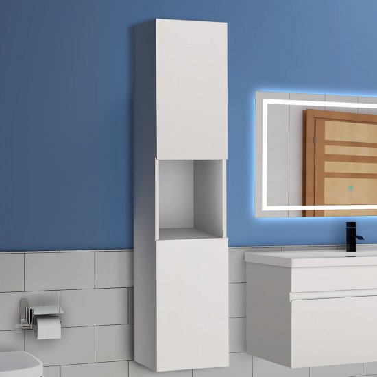 300x300x131,5cm Meuble de rangement pour salle de bain, colonne de salle de bain blanche à suspendre, avec porte et niche