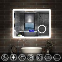 Miroir de salle de bain 80cmx60cm multifonctionnel avec couleur LED réglable + antibuée + Panneau LCD (Tactile, Haut-Parleur Bluetooth, Horloge, Date,