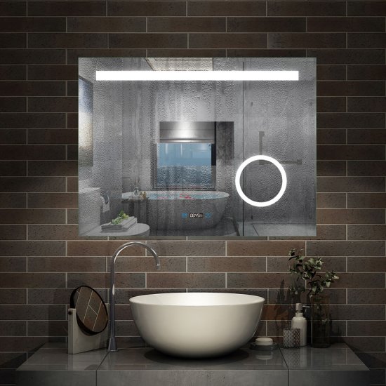 Aica miroir salle de bain LED avec anti-buée, miroir de luminosité réglable (Horloge +Miroir grossissant ×3 ) 140*80cm - Cliquez sur l'image pour la fermer