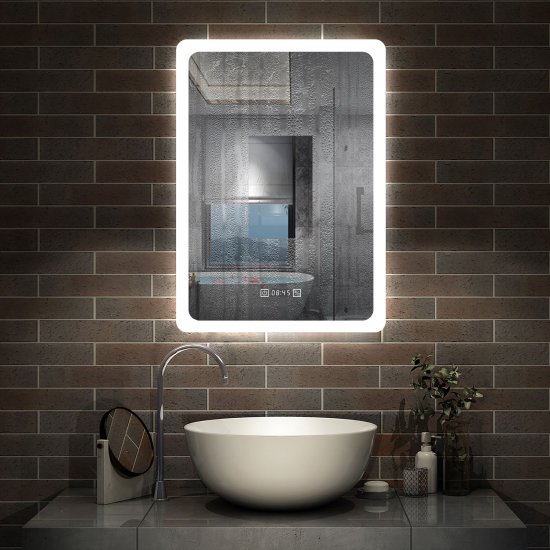 60cmx80cm miroir salle de bain vertical avec couleur LED blanche + antibuée + Horloge numérique+ Fonction mémoire - Cliquez sur l'image pour la fermer