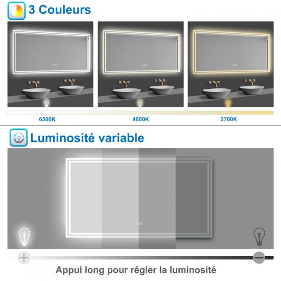 AICA Miroir de salle de bain à LED avec Bluetooth 60 x 80cm, miroir antibuée, fonction de gradation à 3 couleurs Miroir mural IP44 rectangulaire - Cliquez sur l'image pour la fermer