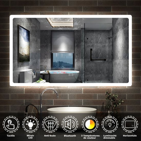 AICA Miroir de Salle de Bain avec Éclairage et Bluetooth, 140 x 80 cm Miroir Mural LED Anti-Buée, Dimmable à 3 Couleurs de Lumière - Cliquez sur l'image pour la fermer