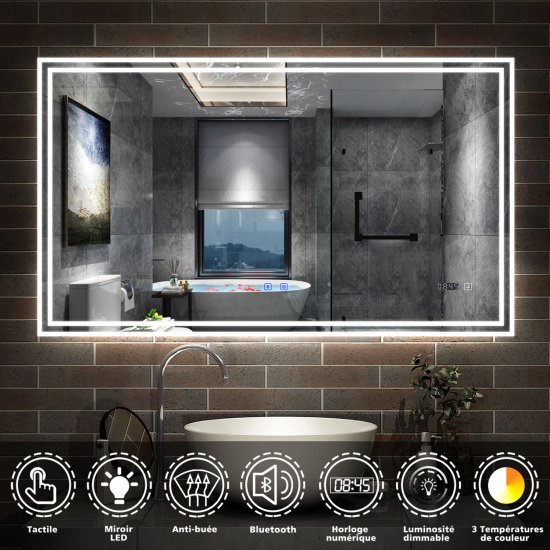 AICA Miroir de Salle de Bain LED avec Bluetooth 80 x 60cm, Miroir Salle de Bain avec Horloge + 3 Couleurs + Dimmable + Anti-buée, Miroir avec Interrup - Cliquez sur l'image pour la fermer