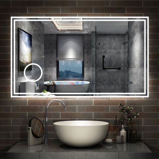 AICA Miroir de Salle de Bain LED avec Bluetooth, Mural Miroir avec Horloge + 3 Couleurs + Dimmable + Anti-buée + Grossissant 3x -80 x 60cm - Cliquez sur l'image pour la fermer