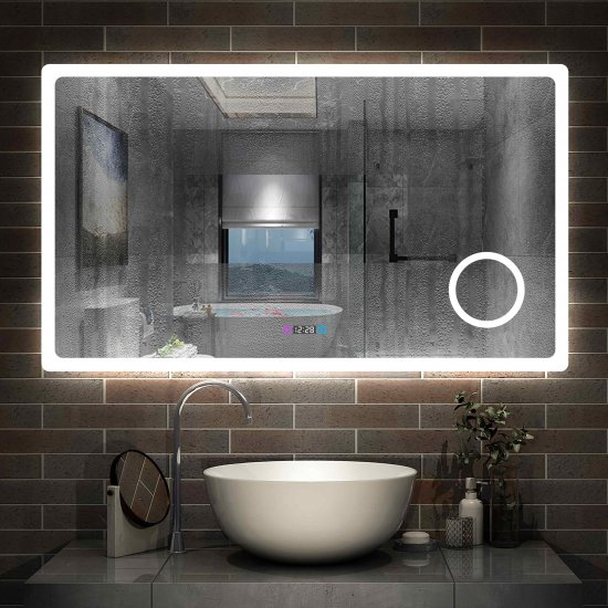 Miroir de salle de bain 100cmx60cm avec LED couleur et luminosité réglables + anti-buée + Miroir grossissant + Horloge numérique - Cliquez sur l'image pour la fermer