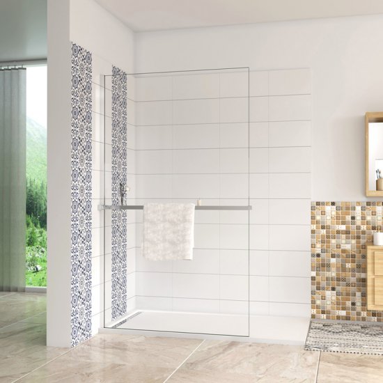 AICA Étagère de rangement longue avec porte-serviettes 2 en 1 : 140cm, aluminium chromé, pour douche à l'italienne (verre 8 mm) - Cliquez sur l'image pour la fermer