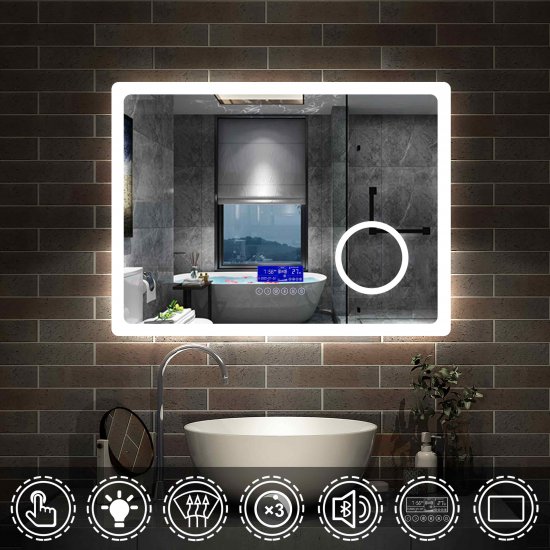 Miroir de salle de bain 80cmx60cm multifonctionnel avec couleur LED réglable + antibuée + Panneau LCD (Tactile, Haut-Parleur Bluetooth, Horloge, Date,