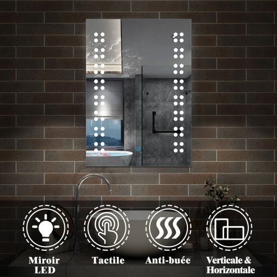 Miroir de salle de bain avec éclairage LED, Miroir Cosmétique Mural Illumination intégrée commutateur tactile avec anti-buée 50x70cm