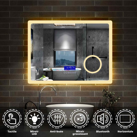 Miroir de salle de bain 100cmx60cm multifonctionnel avec couleur LED réglable + antibuée + Panneau LCD (Tactile, Haut-Parleur Bluetooth, Horloge, Date - Cliquez sur l'image pour la fermer