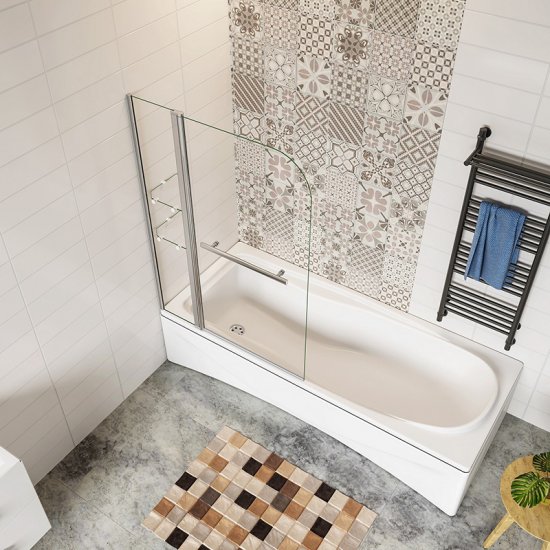 Pare-baignoire 120cm Hauteur 140cm paroi de baignoire pivotante à 180° en verre de sécurité écran de douche avec 2 étagères - Cliquez sur l'image pour la fermer