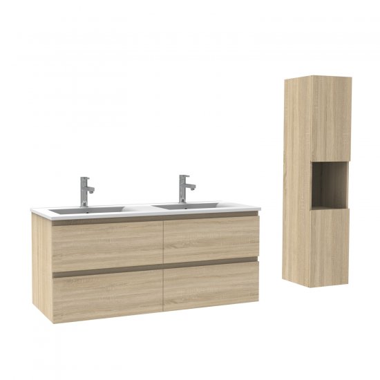 Meuble de salle de bain, Meuble de rangement avec 2 lavabos, Meuble sous vasque suspendu, Bois clair 120cm - Cliquez sur l'image pour la fermer