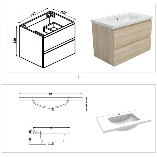 Meuble de salle de bain, Meuble de rangement avec lavabo, Meuble sous vasque suspendu, Bois clair 79cm - Cliquez sur l'image pour la fermer
