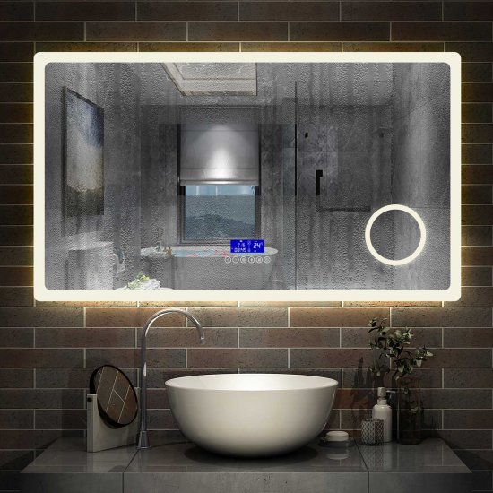 AICA Sanitaire avec Bluetooth+3couleurs LED réglables + anti-buée + Miroir grossissant x 3+Date+Température 80*60cm - Cliquez sur l'image pour la fermer