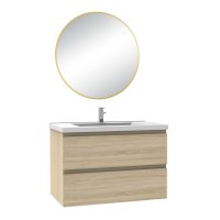 Meuble salle de bain simple vasque 60cm Chêne Wotan meuble acve rond miroir - Aica
