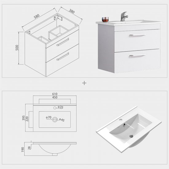 Meuble de salle de bain modèle de Anlo double 61x40x53cm Ensemble meuble et vasque - Cliquez sur l'image pour la fermer
