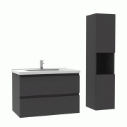 Ensemble Salle De Bain 60cm Anthracite meuble avec colonne vasque ceramique blanche 3 Éléments