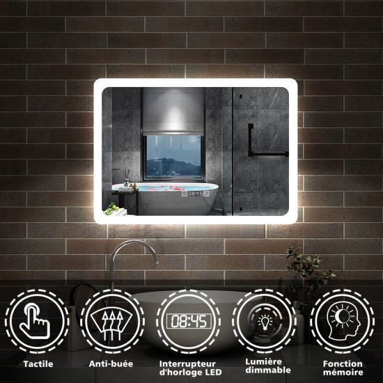 80cmx60cm miroir salle de bain horizontal avec couleur LED blanche + antibuée + Horloge numérique+ Fonction mémoire