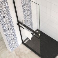 AICA Étagère de rangement longue avec porte-serviettes 2 en 1 : 90cm, aluminium mat noir, pour douche à l'italienne (verre 8 mm)