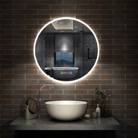 Products AICA Miroir de Salle de Bain rond LED 60cm avec Horloge + Anti-buée + 3 Couleurs + Dimmable, Mural Miroir Lumineux