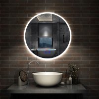 AICA Miroir de Salle de Bain rond LED 70cm avec Bluetooth + Anti-buée + 3 Couleurs + Dimmable, Mural Miroir Lumineux Interrupteur Tactile à capteur
