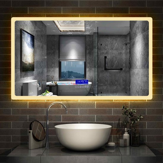 Aica Miroir salle de bain LED avec anti-buée, miroir de luminosité réglable (Horloge +Bluetooth+Date+Température ) 140*80cm - Cliquez sur l'image pour la fermer