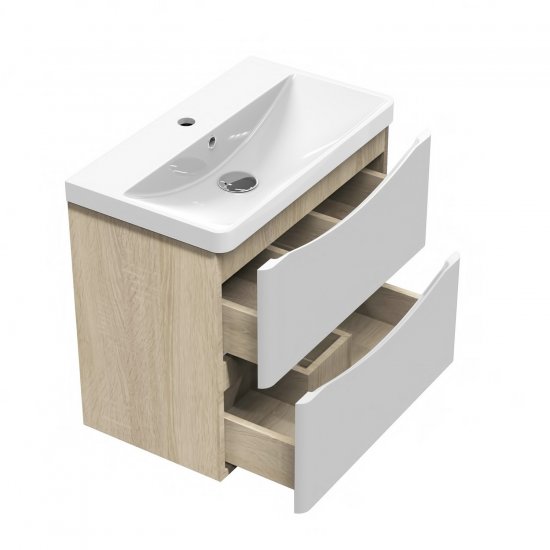 Meuble de salle de bain, Meuble sous vasque 2 portes à poser avec vasque, 59cm Blanc et Bois clair - Cliquez sur l'image pour la fermer