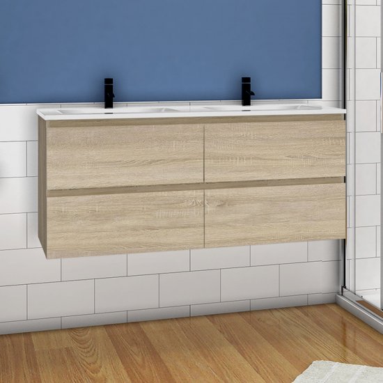 Meuble de salle de bain, Meuble de rangement avec 2 lavabos, Meuble sous vasque suspendu, Bois clair 120cm - Cliquez sur l'image pour la fermer