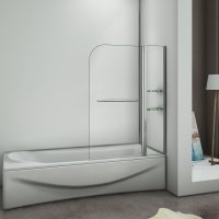 Aica 120x140cm pare baignoire pivotant 180°,écran de baignoire, porte de baignoire , 6mm verre trempé , porte-serviette, avec 2 étagères