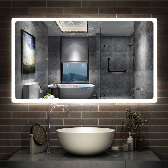 AICA Miroir de Salle de Bain à LED avec Bluetooth 100 x 60cm, Mural Miroir avec Anti-buée + 3 Couleurs + Horloge, Miroir avec Interrupteur Tactile
