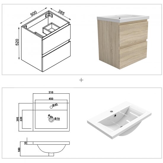 Meuble de salle de bain, Meuble de rangement avec lavabo, Meuble sous vasque suspendu, Bois clair 50cm - Cliquez sur l'image pour la fermer